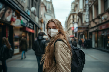 Fototapeta premium Long-Haired European or American tourist Wearing a Protective Mask on the Street in the Autumn