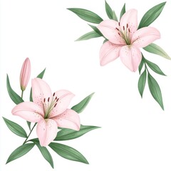 Obraz premium Beautiful pink lilies with green leaves, perfect for floral designs, decoration, or nature-themed projects.