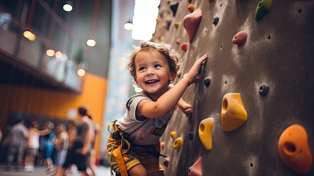 little child rock climbing at indoor gym,