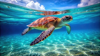 Fototapeta premium Sea turtle swimming alone in crystal clear blue waters, Marine life, Endangered species, Ocean, Wildlife, Underwater
