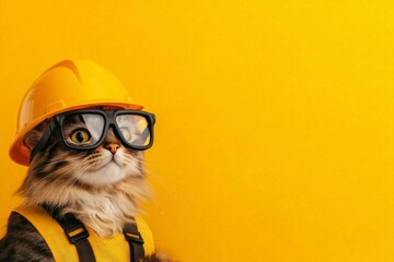 Professional Cat in Safety Helmet and Glasses on Vibrant Yellow Background isolated with copy space