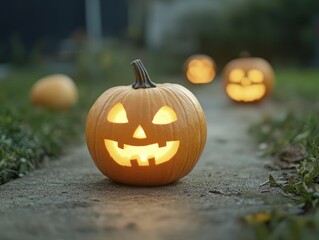 Spooky excitement with carved pumpkins shining in the dark, creating whimsical shapes dancing across the lawn.
