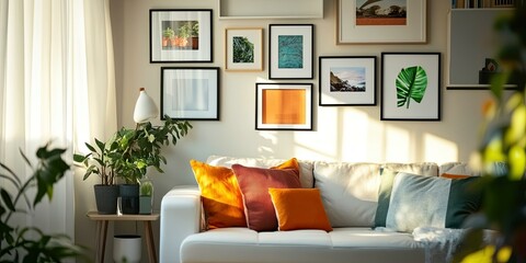 White couch with colorful pillows in a modern living room.