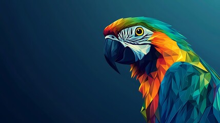 Fototapeta premium Geometric Parrot Portrait - Low-Poly Design with Turquoise and Coral Colors on Deep Blue Background