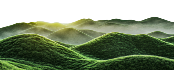 Lush green hills and sunrise glow over valleys, cut out - stock png.