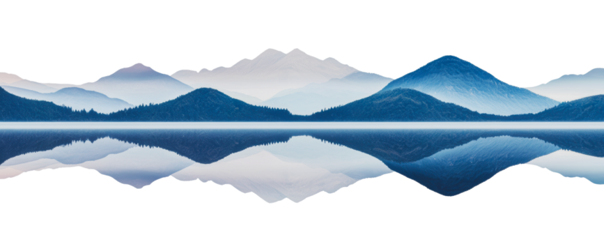 Dawn's calm mountain reflection on lake, cut out - stock png.