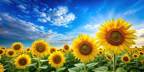 Obraz premium Blue sky background with vibrant sunflowers blooming in a field, blue sky, sunflower, vibrant, blooming, field, nature, sunny
