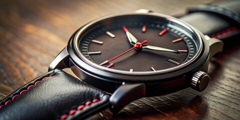 Fototapeta premium Closeup macro of black wrist watch with red pointer, leather straps, and blurred background, black, wrist watch
