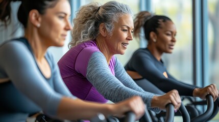 Diverse Group of Women Exercising on Stationary Bikes in Modern Gym