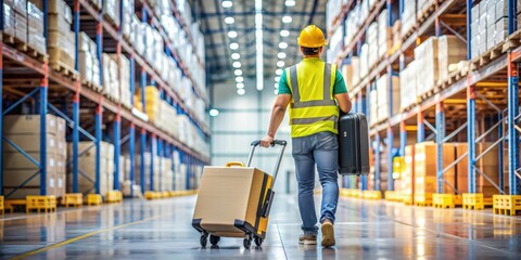 Stock photo of a worker carrying luggage in a warehouse , logistics, transportation, shipping, labor, manual labor