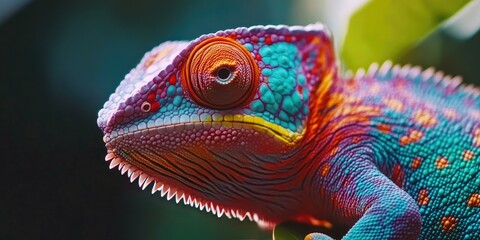 Obraz premium Close-up of a colorful chameleon's face.