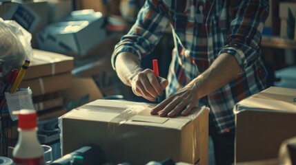 An individual labeling boxes with markers, preparing for a move, surrounded by packing supplies