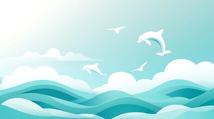 Fototapeta premium Whimsical Cartoon Dolphin Seascape with Turquoise Sky