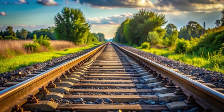 A close-up photo of train tracks in a rural setting , railroad, transportation, metal, steel, outdoor, tracks
