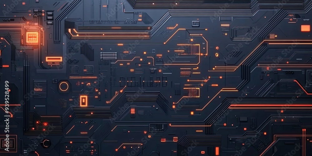 Poster abstract hi-tech look with curved and circuit patterns on grey background