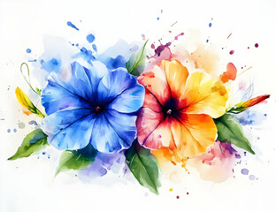 A vibrant watercolor painting of blue and orange flowers, showcasing their beauty with colorful splashes and lush green leaves.