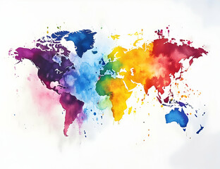 A vibrant watercolor world map featuring a blend of colors representing different continents and oceans creatively.