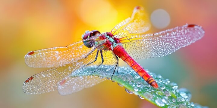 A colorful dragonfly resting on a leaf with water droplets.