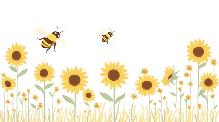 Naklejka premium Buzzy Adventure: Cheerful Bumblebee Soaring in Sunflower Field - Children's Book Style Illustration