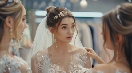 Naklejka premium A bride and her friends shopping for wedding accessories, trying on different styles and discussing options