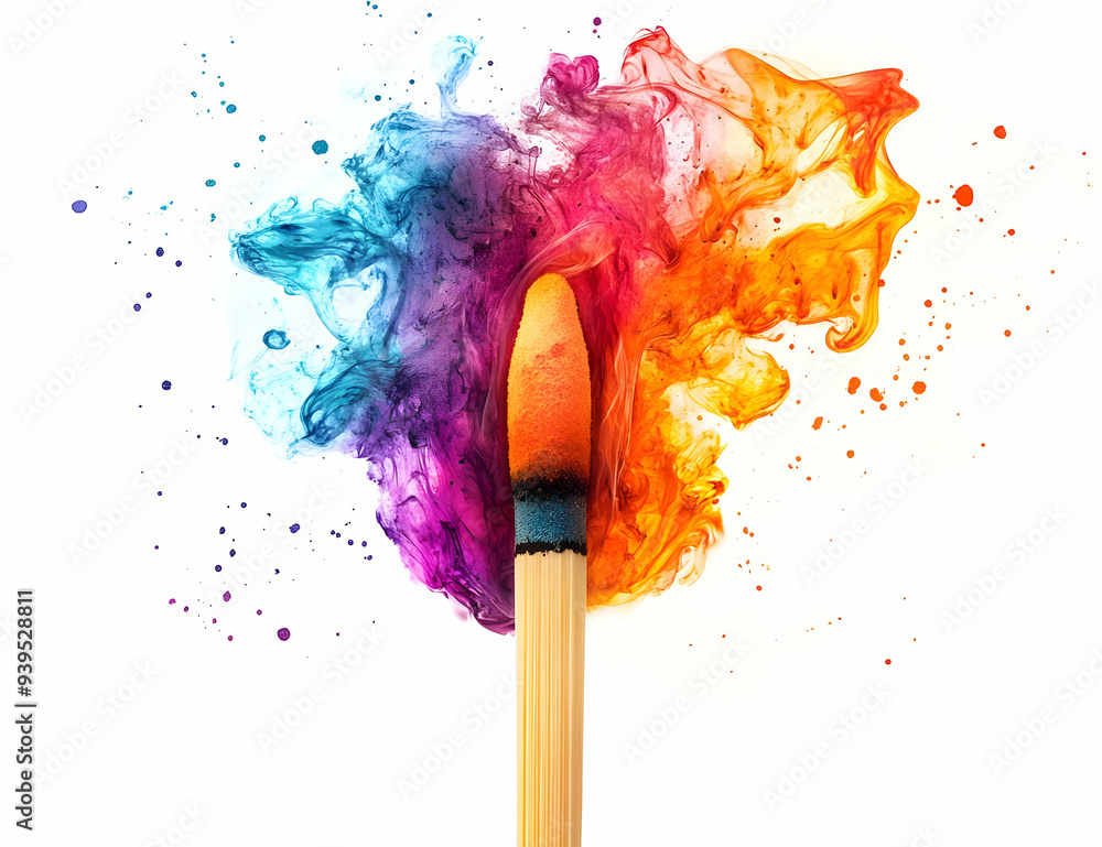 Poster colorful smoke bursts from a lit match, creating a vibrant and artistic explosion of color in a dyna