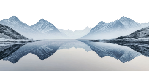 Calm mountains mirrored on still water, cut out - stock png.