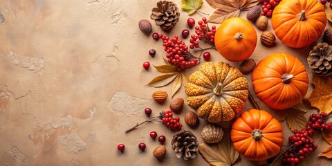 Autumn-themed flat lay with pumpkins, berries, acorns, and cones on a beige table top, autumn, fall, harvest, seasonal, pumpkins