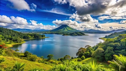Obraz premium Panoramic view of Lake Arenal Costa Rica , Lake Arenal, Costa Rica, panoramic, landscape, water, mountains, nature, sky