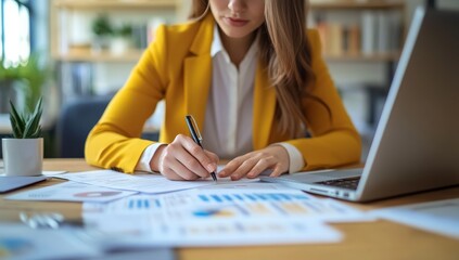 Focused Businesswoman Analyzing Financial Reports at Office Desk with Laptop and Graphs