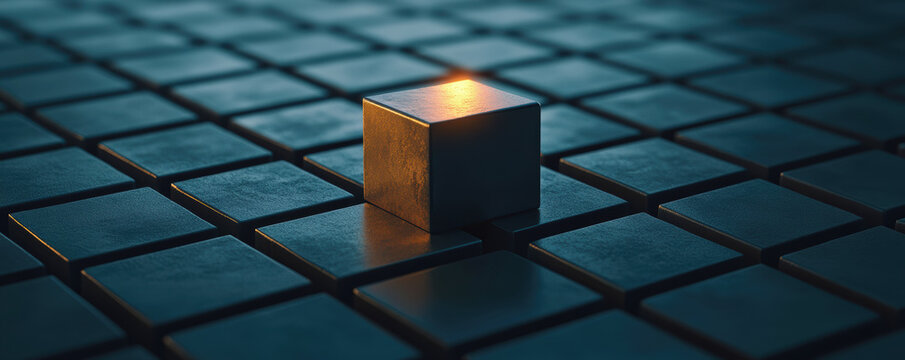 A grid of cubes with one cube slightly tilted and glowing, highlighting thinking outside the box.