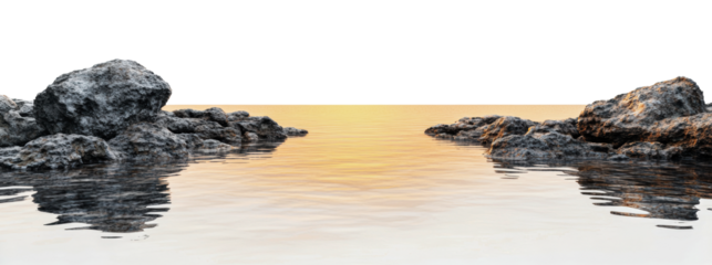 Calm ocean waters at sunset near rocky shoreline, cut out - stock png.