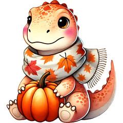 Naklejka premium Autumn Cozy Dinosaur Watercolor Illustration on a Transparent Background, Autumn Collection