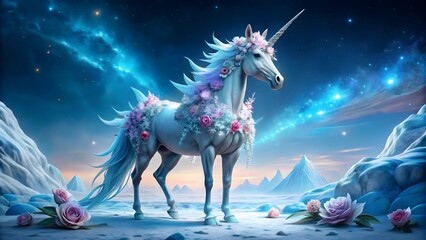 Obraz premium icy unicorn amidst sculpted flowers in a winter wonderland