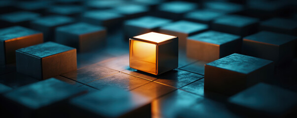 A grid of cubes with one cube slightly tilted and glowing, highlighting thinking outside the box.