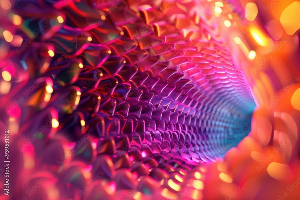 Poster abstract colorful background with iridescent scales forming a tunnel with bokeh effect