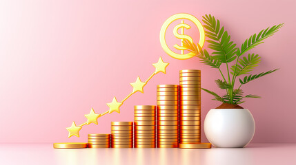 A growing pile of golden coins stands next to a green plant, symbolizing prosperity and financial success, all set against a soft pink background