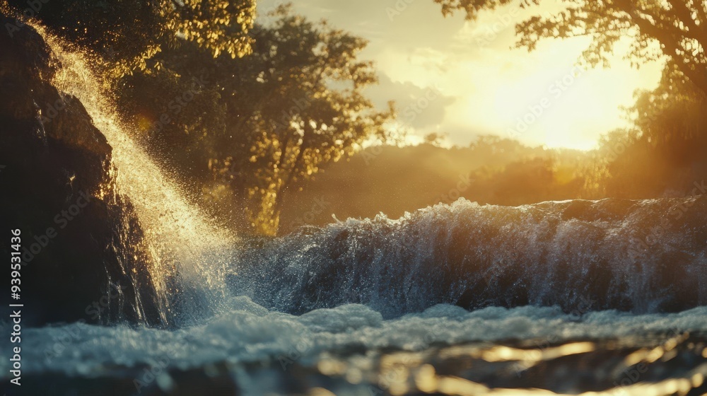 Poster water flows gently over rocks in a waterfall, surrounded by lush trees. sunlight streams through the