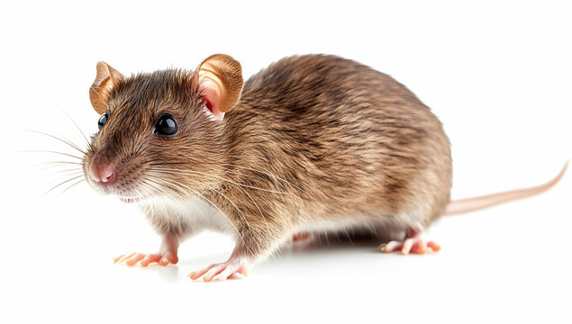 A close-up of a cute brown mouse with large ears, showcasing its delicate features and furry texture on a white background.