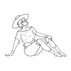 sitting woman line glasses and hat