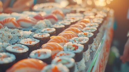 Side view of a row of different types of sushi