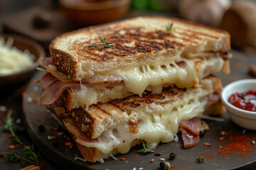Delicious Grilled Cheese Sandwich with Melted Cheese and Ham on Rustic Wooden Plate