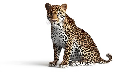 Fototapeta premium Majestic 3D Render of a Leopard Sitting on White Background - Full Body Shot