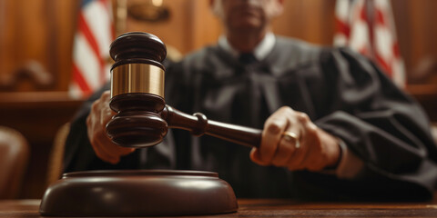 Judge Using Gavel in Courtroom for Legal Justice and Decision Making