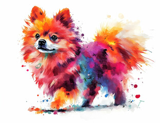 A vibrant watercolor painting of a Pomeranian dog, showcasing its playful spirit and colorful fur in an artistic style.
