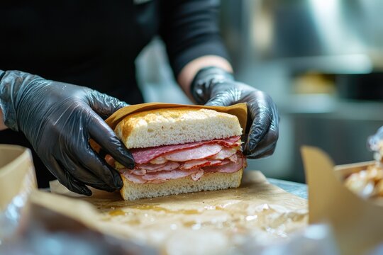 Takeout Diner. Female Employee Wrapping Deli Meat Sandwich for To-Go Order in Diner Kitchen