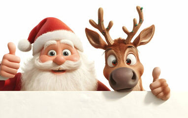 Cheerful Santa Claus and a joyful reindeer celebrating the holiday season with thumbs up. Perfect for festive illustrations.