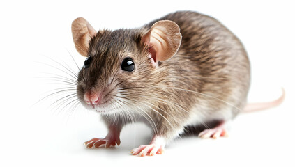 Close-up of a cute brown mouse standing on a white background, showcasing its whiskers and curious expression.