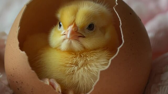 New chick hatching from egg in a cozy nest during the morning light