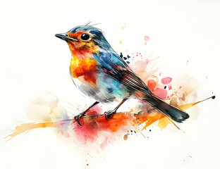 Colorful watercolor illustration of a bird perched on a branch, showcasing vibrant hues and artistic splashes.