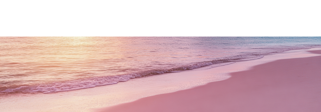 Serene sunset over calm beach shoreline with waves, cut out - stock png.